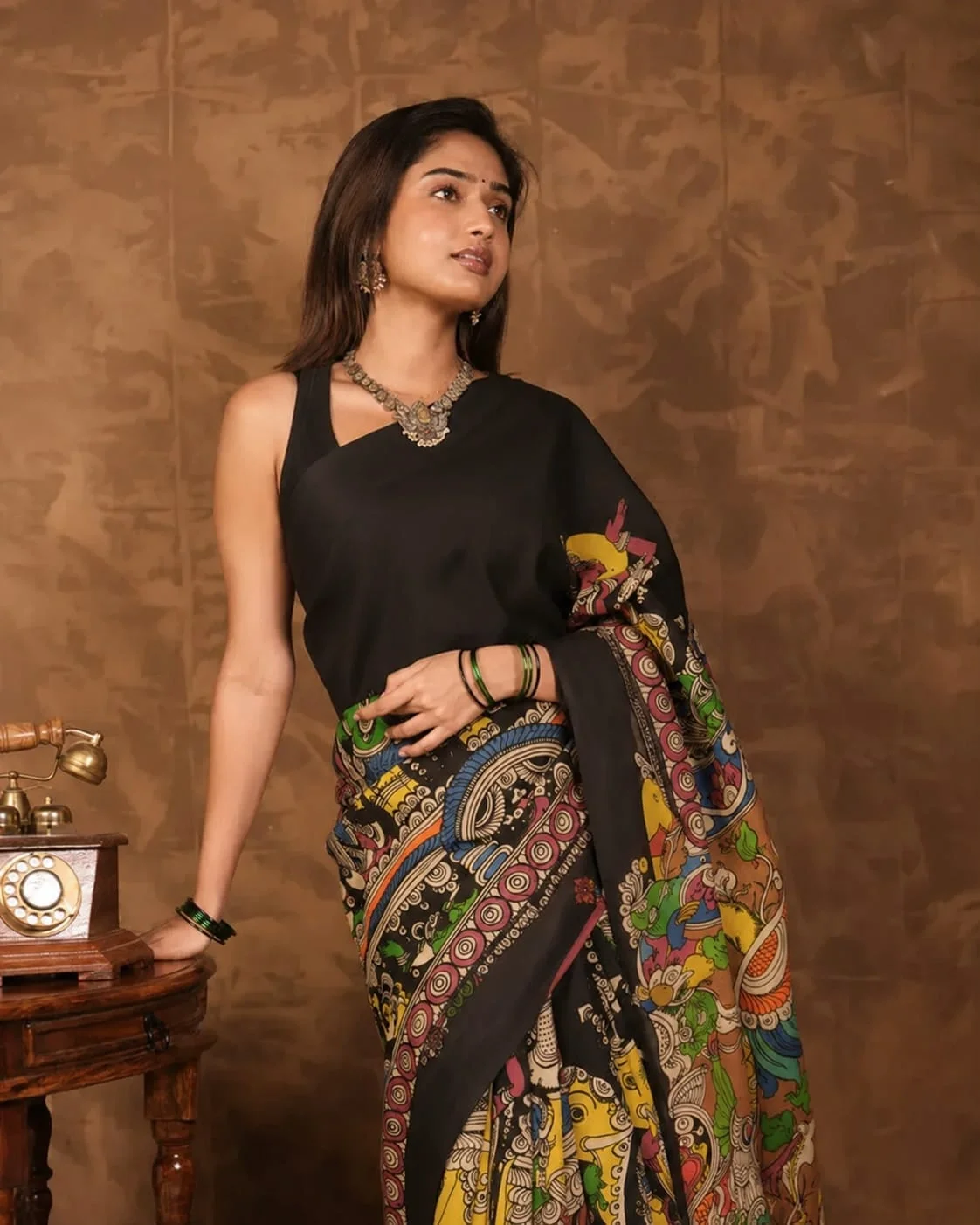 Black Mul Silk Deep Black Kalamkari Artwork Saree